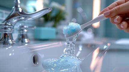 Close-up of a hand rinsing a toothbrush with toothpaste foam in a bathroom sink.