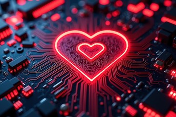 Illuminated Red Heart Symbol on Advanced Circuit Board Technology Background, Perfect for Tech-Themed Gifts, Marketing, and Digital Art