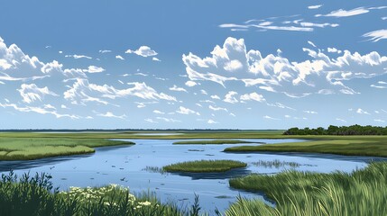 Serene Coastal Marsh Landscape Under A Summer Sky