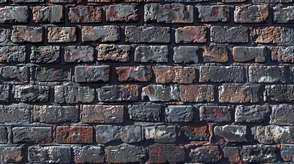 A brick wall with a dark, aged, and weathered appearance.