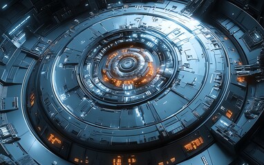 Obraz premium A futuristic digital concept showcasing intricate technological elements with glowing accents in a hightech setting