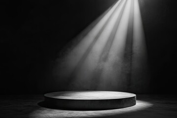 stage with spotlight for product display presentation background. Web banner with copyspace on the right side, black color scheme