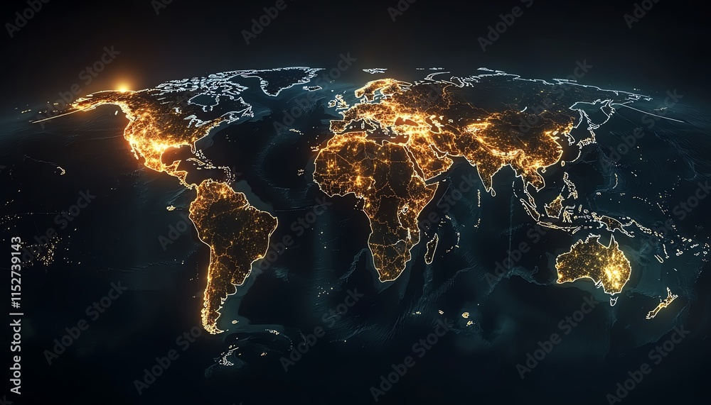 Poster a highly detailed digital world map with illuminated data connections and network nodes