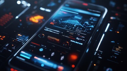 Fototapeta premium A futuristic smartphone displaying a high-tech user interface and data analytics.