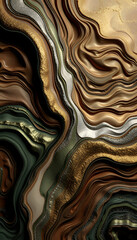 Earth tones of brown, green, black, white, shimmery silver, and glittering gold combine to form this flowing and organic abstract background, 8k unreal engine photorealism