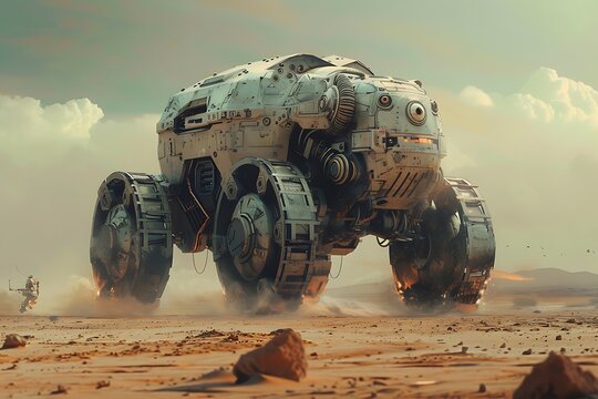 A massive, heavily armored, futuristic vehicle traverses a barren, dusty, Martianlike desert. A small figure is visible in the distance, dwarfed by the vehicles imposing size.