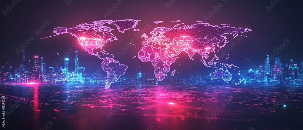 Poster a sleek digital world map with glowing data paths and network nodes