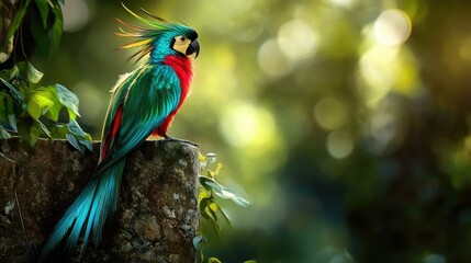 Obraz premium A brightly colored quetzal bird with iridescent green and red plumage perches on a moss-covered stone wall in a misty,