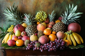 Abundant still life of colorful exotic fruits arranged on a dark wooden surface.