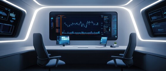 Modern control room with advanced technology and data visualization for business analysis and monitoring
