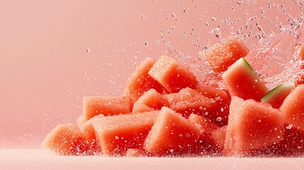 Frozen Moment of Watermelon Slices Colliding with Water