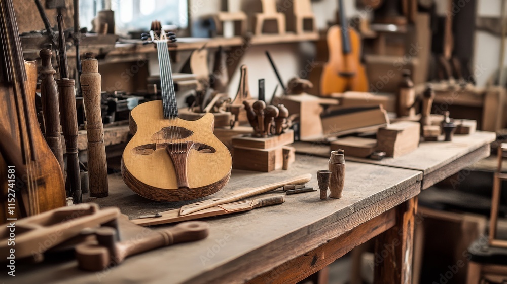 Poster A detailed corner in a workshop with tools for handcrafting musical instruments, including luthier tools and unfinished instruments