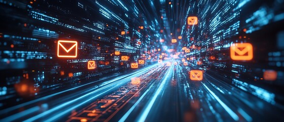 Obraz premium Glowing email icons scattered across a futuristic digital space, symbolizing modern communication and information flow, glowing light trails, ultrarealistic, 4K resolution