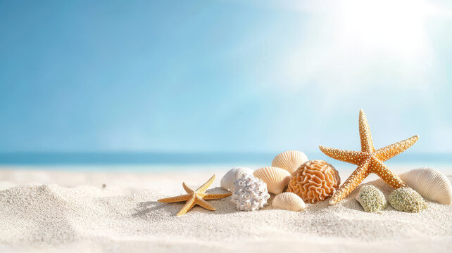 Starfish and coral fragments on soft sand by ocean