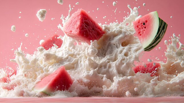 Juicy Watermelon Chunks Splashing in Creamy Liquid