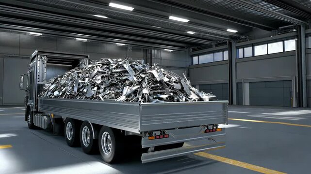 Metal recycling truck loaded with scrap materials in an industrial warehouse