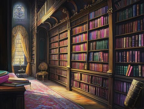 Grand library interior with bookshelves, books, antique furniture, and stained glass window. - Powered by Adobe