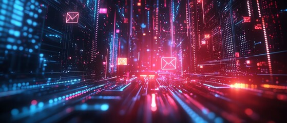 Obraz premium A digital environment with radiant glowing email icons, symbolizing the exchange of communication and information, neon effects, hightech style, 8K clarity