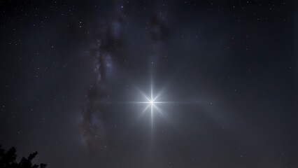 A bright star in the center of the composition, its glow radiating subtly across a dark sky.