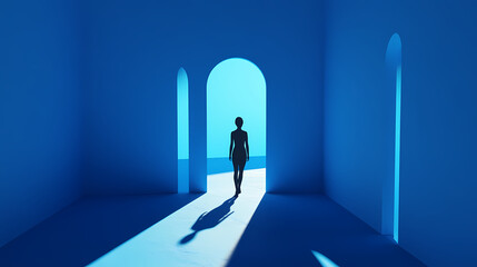 Obraz premium A silhouette stands at the threshold of a doorway, casting long shadows in a serene blue environment, symbolizing hope and change. Aureole. Illustration