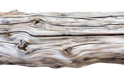 Fototapeta premium White background highlighting a solitary driftwood plank with its unique texture and shape, Driftwood plank showing the marks of time and nature's touch, A piece of driftwood on plain white backdrop 