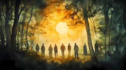 A watercolor painting of men standing in a forest with a bright sun shining above, bible theme, all saints' day. Aureole. Illustration