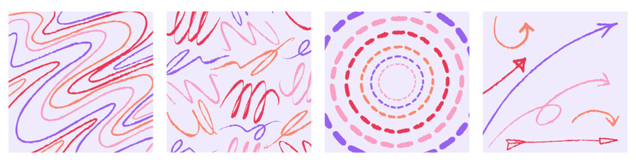 Naive boho patterns set. Colorful trendy ornaments. Red, blue, green and pink spots. Pack of posters with seamless patterns. Flat vector collection