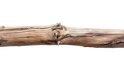 White background highlighting a solitary driftwood plank with its unique texture and shape, Driftwood plank showing the marks of time and nature's touch, A piece of driftwood on plain white backdrop 