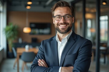 Fototapeta premium Confident Businessman Smiling in Modern Office Setting