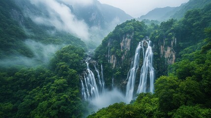 Fototapeta premium Misty mountain waterfall cascading down lush green cliffs.
