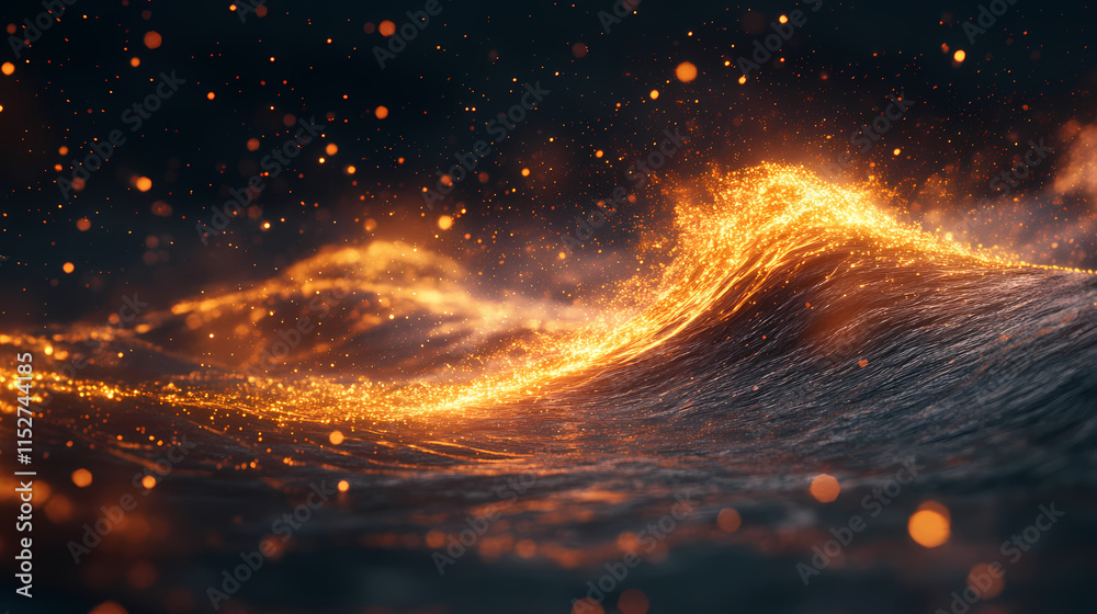 Wall mural abstract glowing wave of light and sparks creating a magical and dynamic energy flow on a dark backg