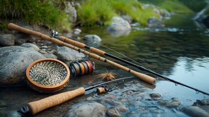 A detailed fly fishing setup by a mountain stream, Fishing rods and flies meticulously organized, Rustic outdoor style