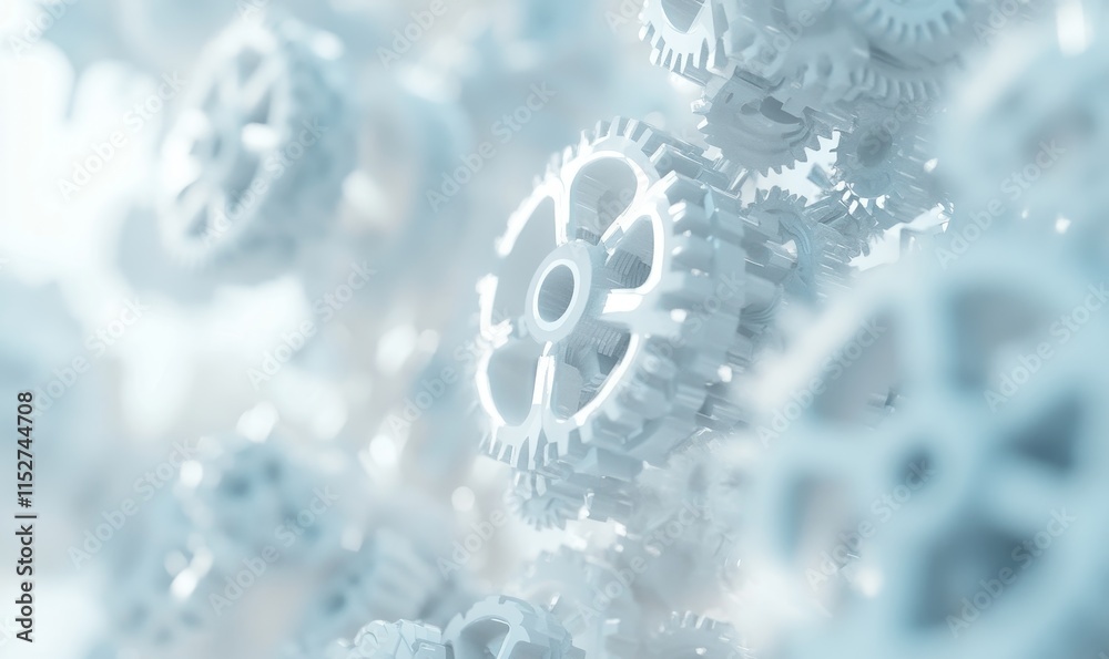 Poster abstract close-up of white gears meshing together, illustrating complex machinery and teamwork.