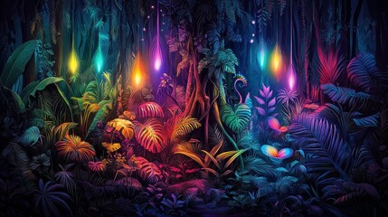 Fototapeta premium Enchanted Tropical Forest with Colorful Lights and Lush Vegetation at Night