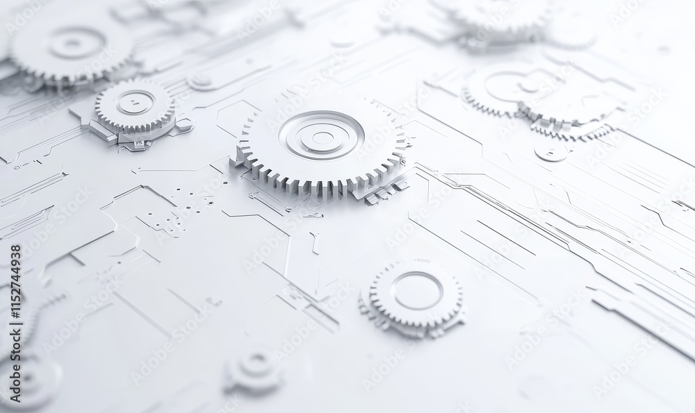 Poster abstract white metallic gears and circuit board design.