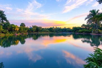Obraz premium Serene Sunset Over Calm Water with Reflections in Lush Tropical Landscape