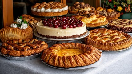 Fototapeta premium Vivid Cheesecake Topped with Cherries and Assorted Pastries