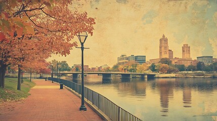 Fototapeta premium Autumnal River Walk Cityscape Scenic View