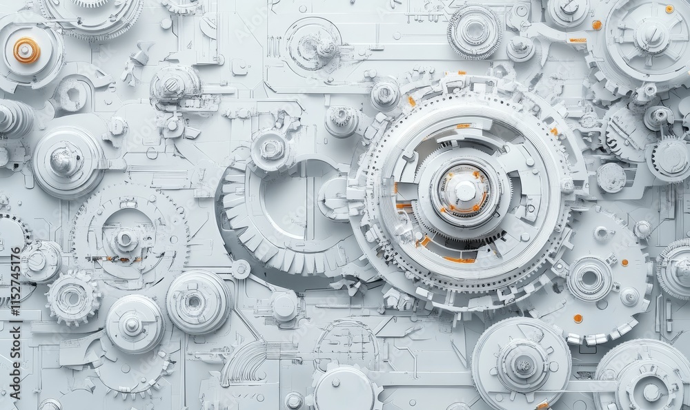 Poster abstract white intricate machinery, complex gears and cogs, technological background.