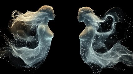 Two ethereal female figures, facing each other, composed of glowing particles and flowing fabric, set against a black background.