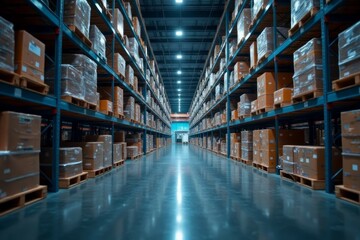 Fototapeta premium Expansive Warehouse Aisles Filled With Cardboard Boxes