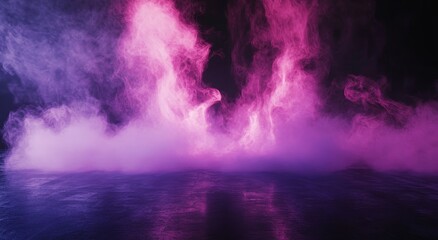 Fototapeta premium Pink and purple neon smoke on dark reflective surface.
