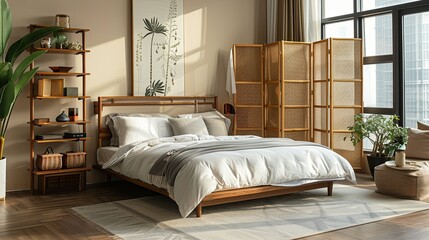 Serene Modern Bedroom with Wooden Bed, Room Divider, and Plants
