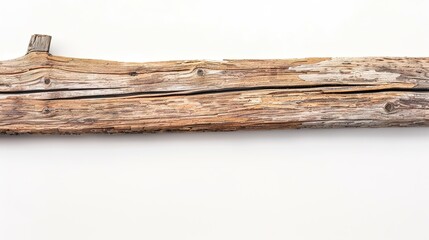 Fototapeta premium White background highlighting a solitary driftwood plank with its unique texture and shape, Driftwood plank showing the marks of time and nature's touch, A piece of driftwood on plain white backdrop 