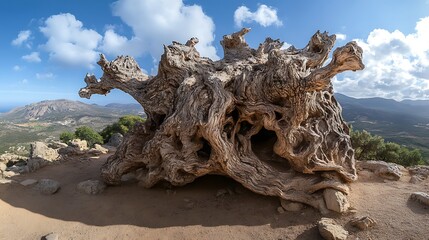 Ancient Olive Tree Stump on Sardinia's Coastal Cliffs: A Stunning Landscape Photograph AI Generated