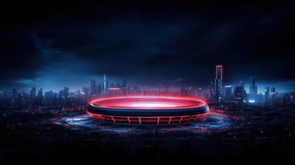 Naklejka premium Futuristic Stadium Illuminated by Neon Lights Overlooking a Vibrant City Skyline at Nighttime