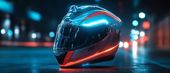 Fototapeta premium A motorcycle helmet with innovative safety technology and performance features, glowing accents, futuristic design elements, sharp focus, ultrarealistic, 8K resolution