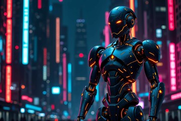 Fototapeta premium Futuristic Robot Stands in Neon Cityscape at Night