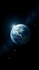 Fototapeta premium Illustration of Frozen Earth in space. on a black background, Backlit, with white tones