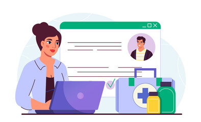 Online doctor appointment. Woman in medical uniform with laptop and medicines. Diagnosis and treatment, healthcare and medicine. Consultation on internet. Flat vector illustration